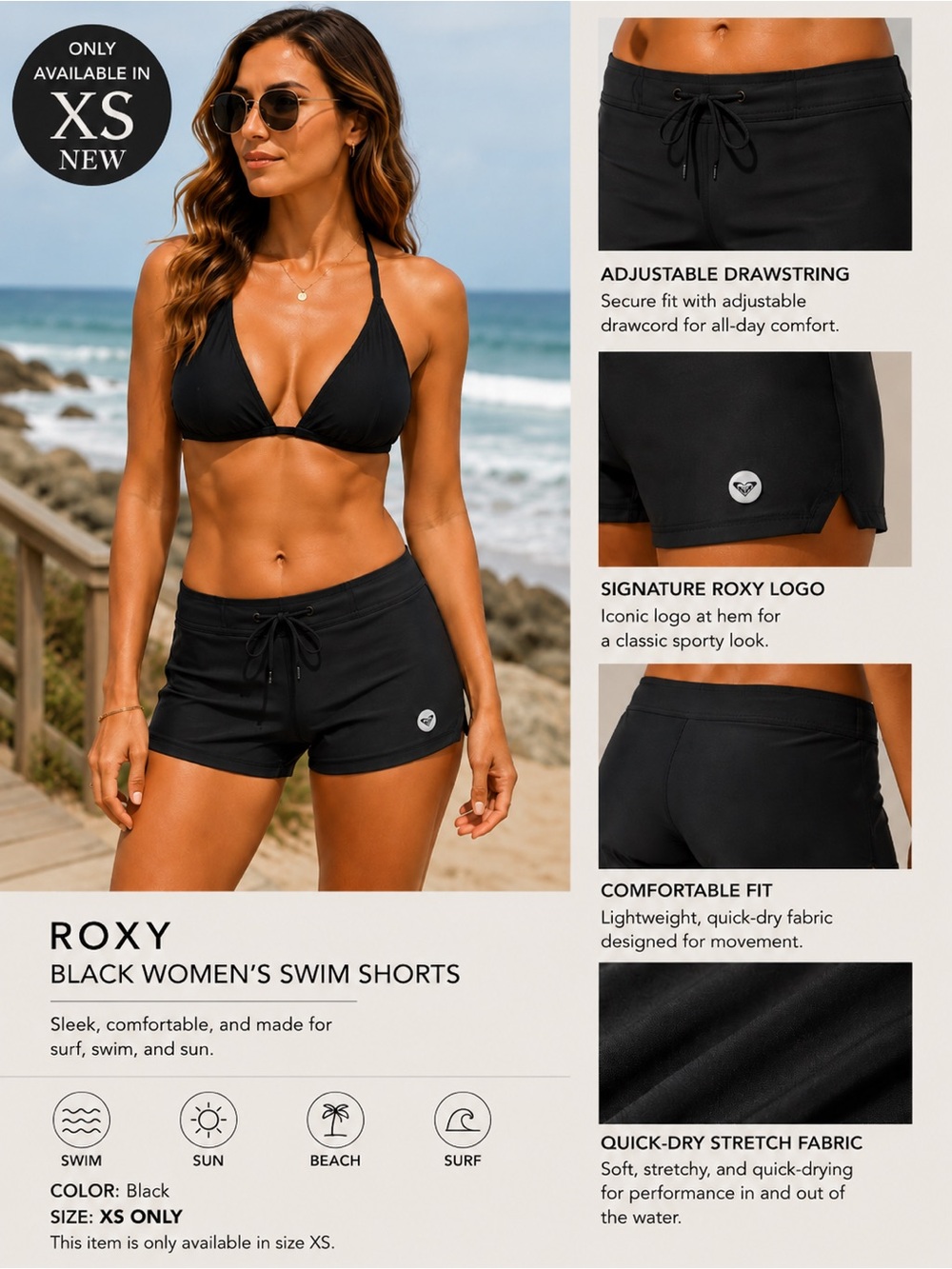 Roxy Black Women's Swim Shorts. NEW XS